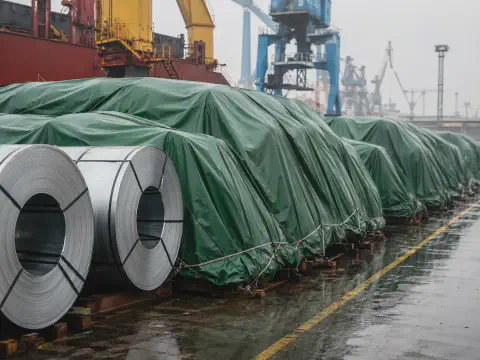 Green tarpaulin rain cover protecting steel coils at a port yard