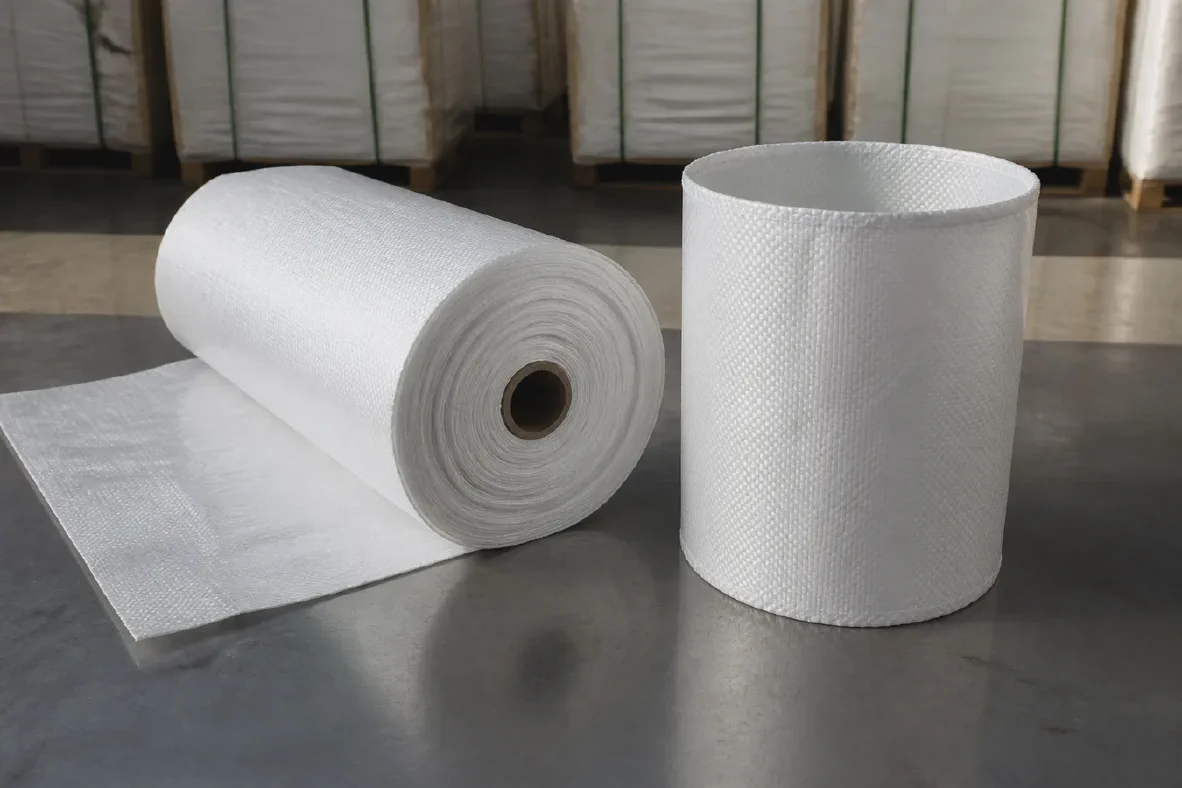 Flat woven fabric roll beside tubular woven fabric