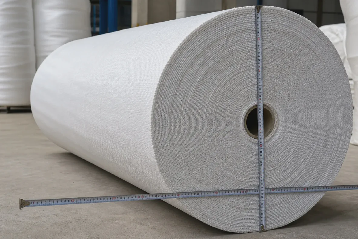 Measuring width and diameter of a woven fabric roll