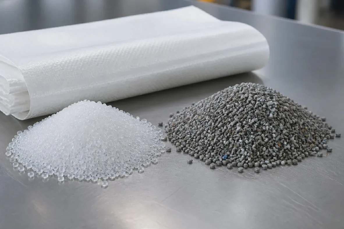 Virgin and recycled PP pellets with a woven fabric roll
